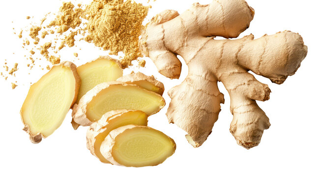 Fresh ginger root and slices isolated on transparent background - Powered by Adobe