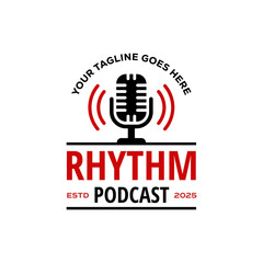 Modern podcast logo featuring a classic microphone with bold sound waves, clean typography, and a dynamic layout suitable for audio, media, or broadcasting themes. Editable Vector File
