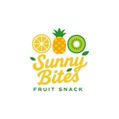 Bright and playful fruit snack logo featuring lemon, pineapple, and kiwi icons with fresh colors and friendly lettering, perfect for food or healthy branding. Editable Vector File
