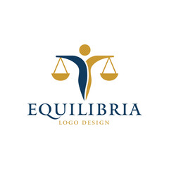 Elegant balance scale logo combined with an abstract human figure, using blue and gold tones to symbolize justice, harmony, and stability. Perfect for law or wellness branding. Editable Vector File
