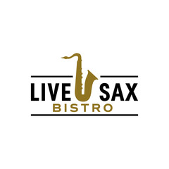 Stylish bistro logo featuring a golden saxophone integrated with clean typography and simple line accents, creating a modern and musical dining identity. Editable Vector File
