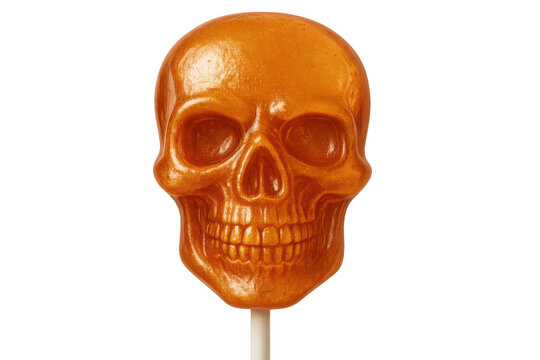 Orange skull lollipop symbolizing halloween fun and trick or treat confectionery, sweet food with spooky death theme, transparent background