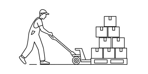 Worker in overalls and cap operating a hand pallet truck with stacked cardboard boxes on a wooden pallet, representing warehouse logistics and delivery service © Single Line Art