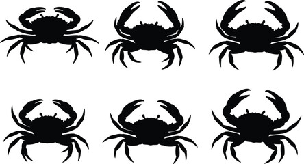 Six black crab silhouettes arranged in two rows of three on a white background ocean