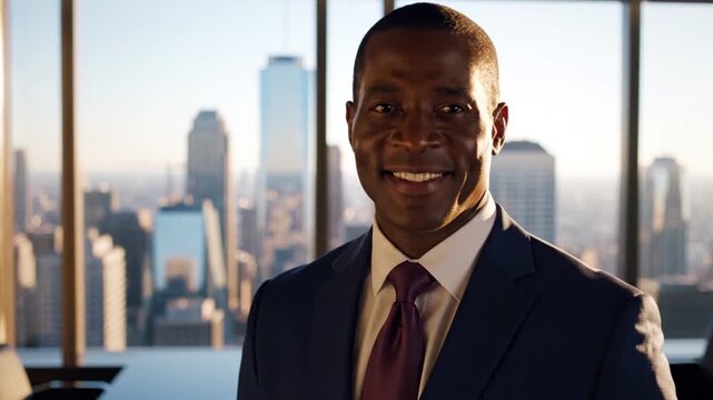 Positive Black business leader in a suit, radiating confidence and success from a high-rise office with a sprawling cityscape view, embodying aspiration and achievement