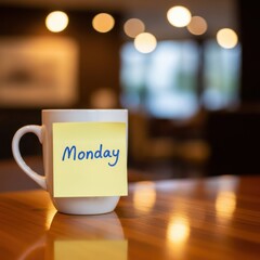 Fototapeta premium A white mug with a yellow sticky note that says monday on a wooden table with a blurred background, creating a cozy and inviting atmosphere