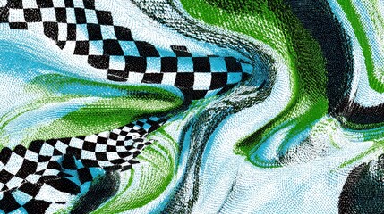 A vibrant, abstract landscape featuring colorful waves and checkerboard patterns, creating a mesmerizing visual effect.