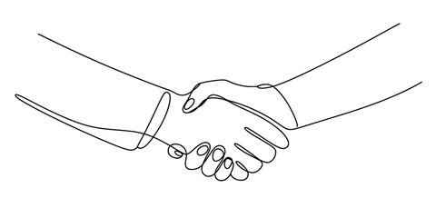 Minimalist continuous line art drawing of a handshake, symbolizing partnership, agreement, trust, deal, cooperation, and successful business.