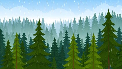 Fototapeta premium green forest landscape background with rain and fog in vector illustration