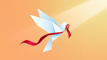 A stylized white dove with a red ribbon in its beak flies upwards towards a bright beam of light symbolizing hope peace and awareness
