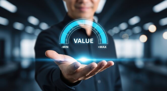 Businessman presenting value growth on a virtual dashboard. - Powered by Adobe