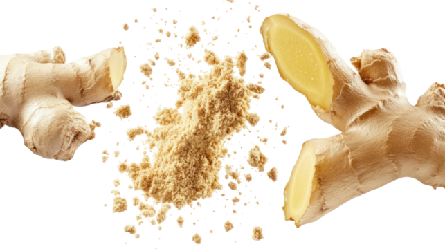 Fresh ginger root and powder exploding isolated on transparent background