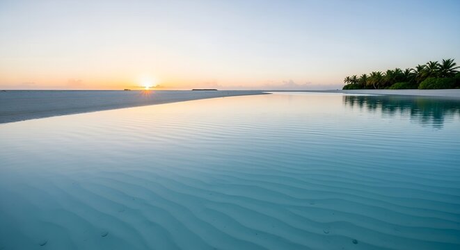 Tropical beach at sunrise calm turquoise water reflecting the sky a serene vacation destination