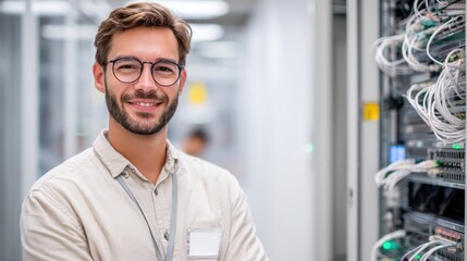 A focused man adjusting equipment in a server room, showcasing technology and precision in a professional environment.