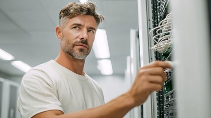 A focused man adjusting equipment in a server room, showcasing technology and precision in a professional environment.