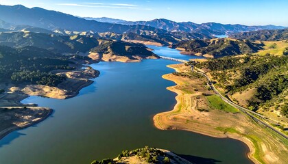 Fototapeta premium Aerial View of Lake Surrounded by Hills and Greenery.
