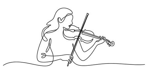 Elegant continuous line art drawing of a female musician passionately playing a classical violin, embodying musical artistry and expressive harmony.