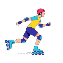 Young man in a red helmet and protective gear enjoying inline skating.