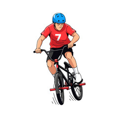 Obraz premium Young male BMX rider in a red jersey and blue helmet performing a jump trick.