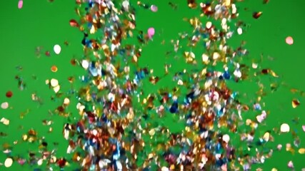 Vibrant stream of multicolor confetti falling against a green screen background, ideal for enhancing digital celebrations and virtual events