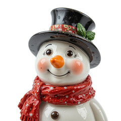 Cute Ceramic Snowman Figurine with Black Top Hat and Red Polka Dot Scarf for Christmas Holiday and Winter Season Decoration