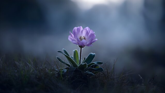 A solitary purple crocus flower emerges from the dark earth in a misty ethereal forest setting