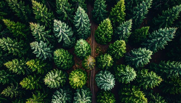 An aerial view of a forest with a path winding through evergreen trees
