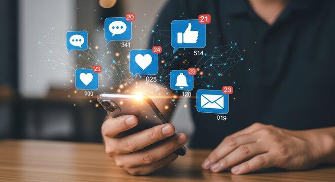 Engaging Social Media: Man Holding Smartphone with Notifications