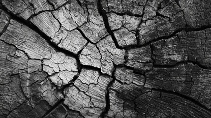Fototapeta premium A close-up view of a textured wooden surface, highlighting intricate cracks and patterns in a monochromatic tone.