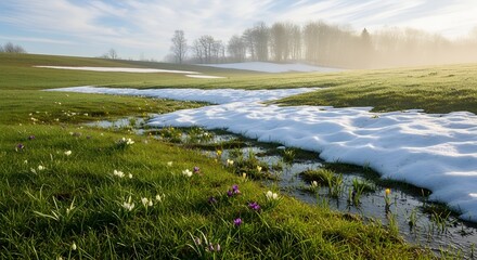 Spring meadow with melting snow and blooming crocuses a scenic landscape of seasonal transition symbolizing renewal and the end of winter