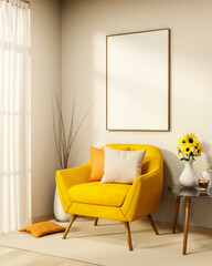 Yellow sofa chair with sunflower vase and teapot cup on table in a living room with bright sun light