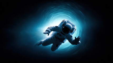 An astronaut drifts in a swirling cosmic vortex, surrounded by dark space and glowing blue light. This scene captures the vastness of the universe and the isolation of space travel