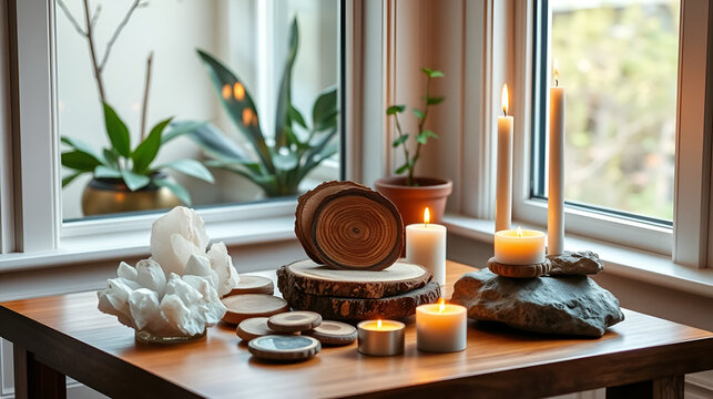 Feng Shui nature theme altar at home table and on widow sill. Earth element( rck crystal clusters), woodelement( wood discs), fireelement( candles), rock sat candle holder. Positive ome energy.