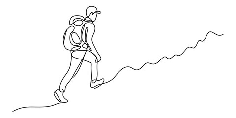 Continuous line art drawing of a person with a backpack hiking up a winding path, symbolizing adventure, progress, and overcoming challenges