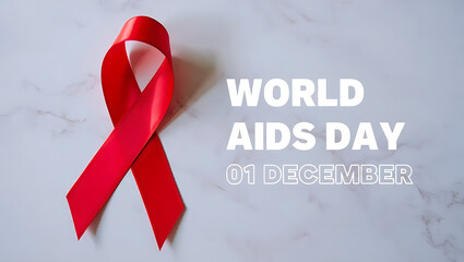 A vibrant red aids awareness ribbon is prominently displayed on a textured gray background accompanied by bold white text that reads world aids day december 1st symbolizing support and remembrance