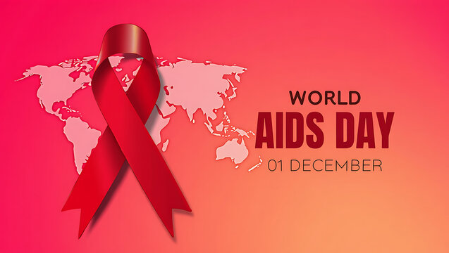 World aids day awareness campaign graphic featuring a prominent red ribbon symbol overlaid on a world map with text emphasizing global solidarity and support for the fight against hiv aids