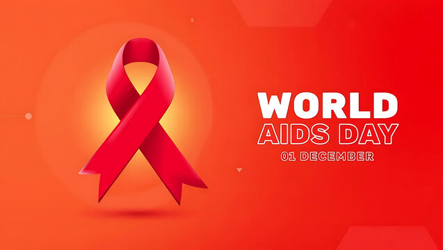Bold red ribbon symbolizing world aids day awareness campaign with impactful text and glowing bokeh effect on a vibrant gradient background - Powered by Adobe