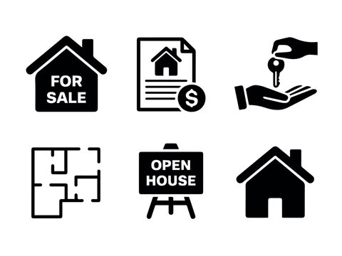 Real estate property house for sale open house key contract plan investment vector icons set design