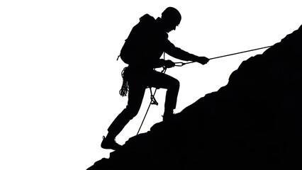 Silhouette of a determined climber ascending a steep rocky mountain face with a rope