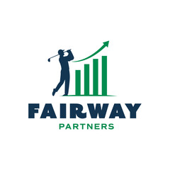 Silhouette of a golfer with rising bar chart and upward arrow, symbolizing strategy, progress, and business growth. Ideal for consulting and coaching brands. Editable Vector File
