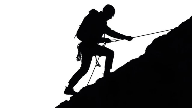 Silhouette of a determined climber ascending a steep rocky mountain face with a rope - Powered by Adobe