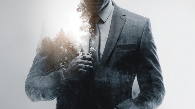 A double exposure image featuring a suited man merging with a forest landscape, symbolizing the connection between nature and humanity. - Powered by Adobe