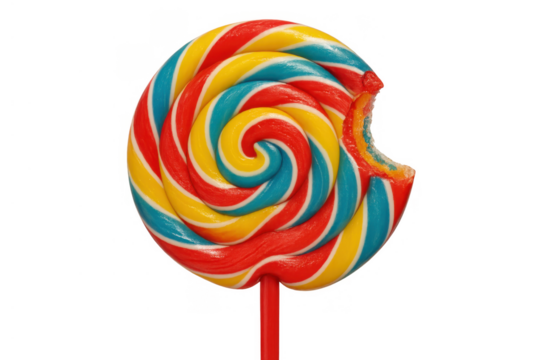 Bitten multicolored swirl lollipop with a spiral pattern, a sweet sugary candy treat, isolated on transparent background