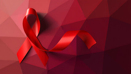 A symbolic red ribbon representing awareness and support for aids and hiv prevention research and remembrance against a textured abstract background