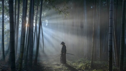 Solitary samurai warrior standing in a misty forest illuminated by dramatic sunbeams