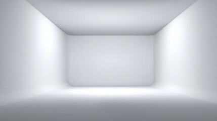 A minimalistic, well-lit, empty room featuring smooth white walls and a seamless floor, creating an open and spacious atmosphere.