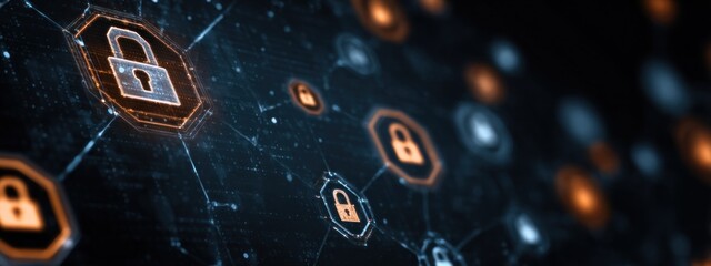 The image features a digital network with interconnected hexagons, highlighting padlock icons that symbolize cybersecurity and data protection.