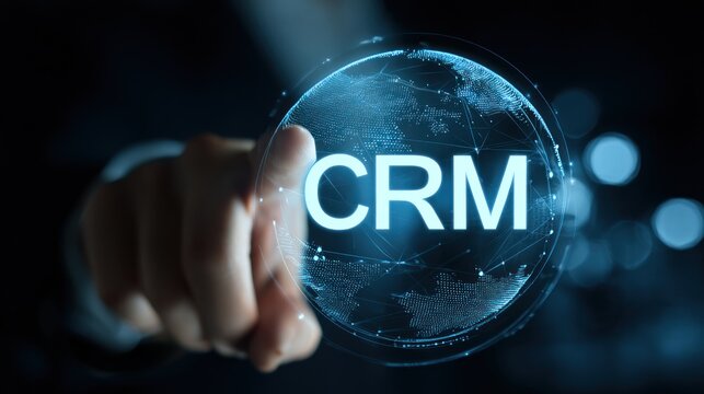 A digital world map highlighting CRM connectivity with icons representing various services and technologies interconnected globally.