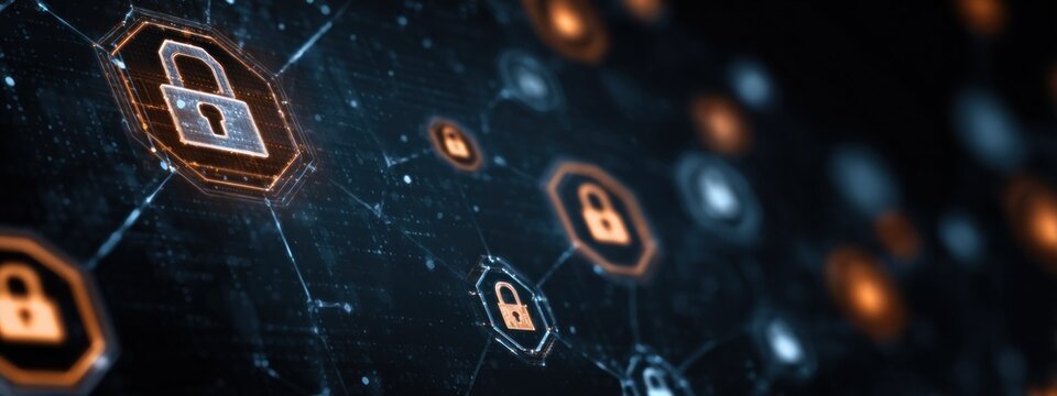 The image features a digital network with interconnected hexagons, highlighting padlock icons that symbolize cybersecurity and data protection.