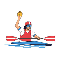 Canoe polo player in a red helmet and vest, holding a ball and paddle in a blue kayak.
